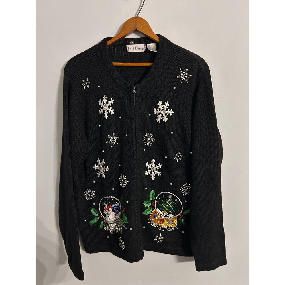 Vintage BP Design Christmas Snowflake Snow Globe Sequin Zip Cardigan Sweater L